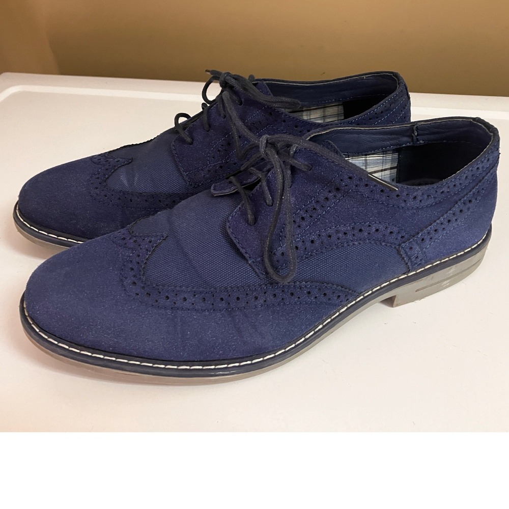 IZOD Craig Mens 11.5 M Navy Blue Canvas Suede Wingtip Oxford Dress Shoes